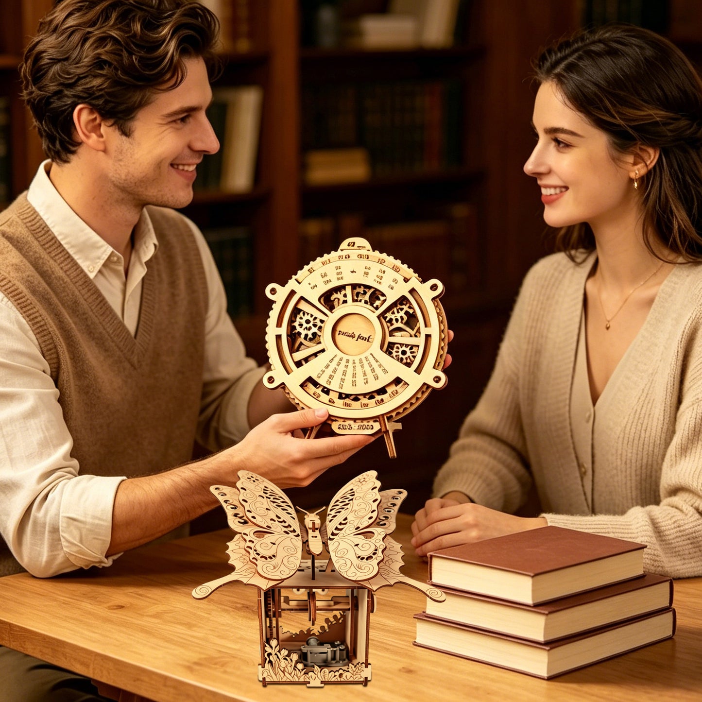 Factory wholesale 2-in-1 3d Wooden Puzzle Hand Butterfly Music Box & Perpetual Calendar Handmade Assembly Model Kit Holidays Brthdays Christmas Gifts
