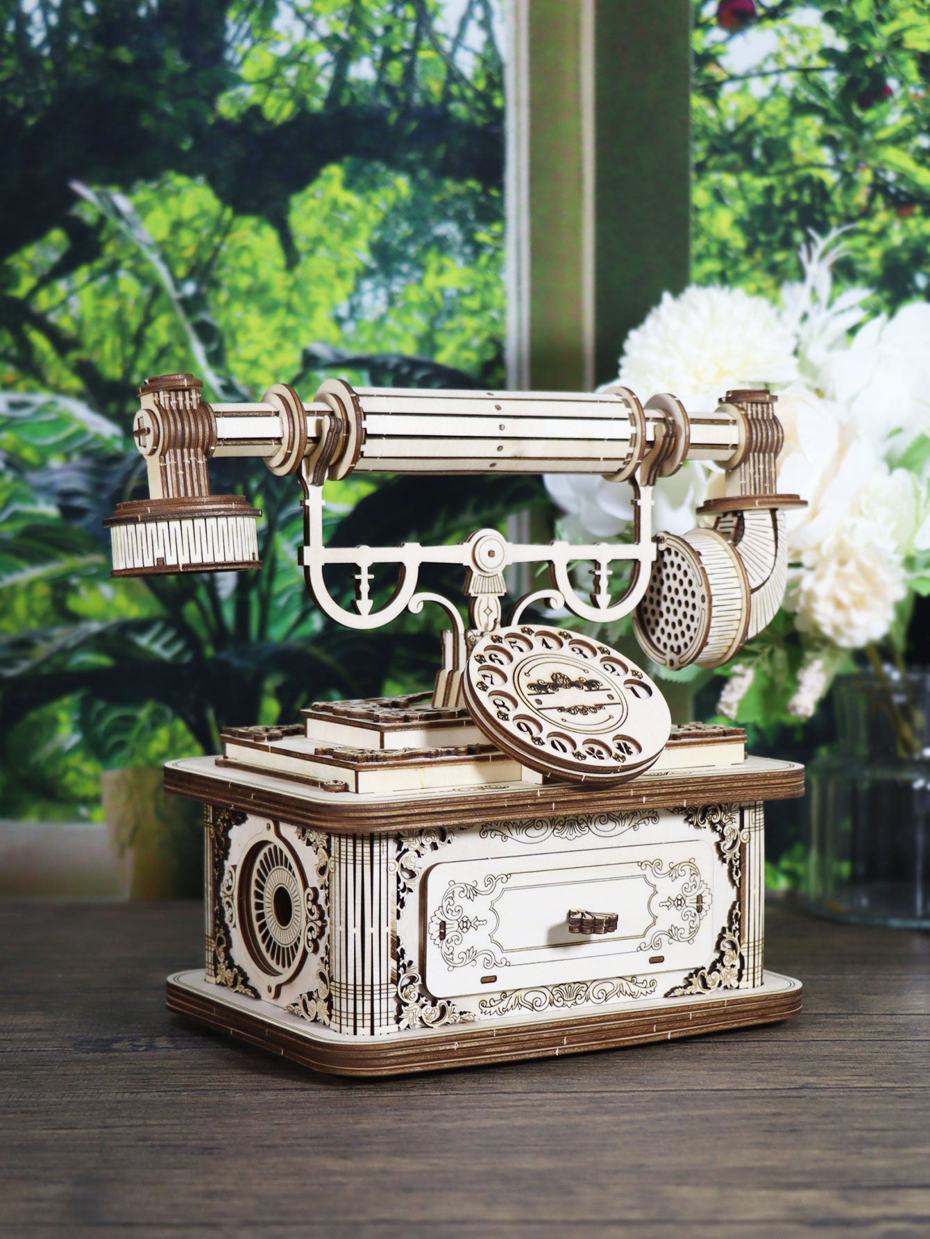 Factory wholesale Creative Retro Telephone 3D Wooden Puzzle for Adults Tabletop Model Kits Decoration and Gift for Christmas Birthday