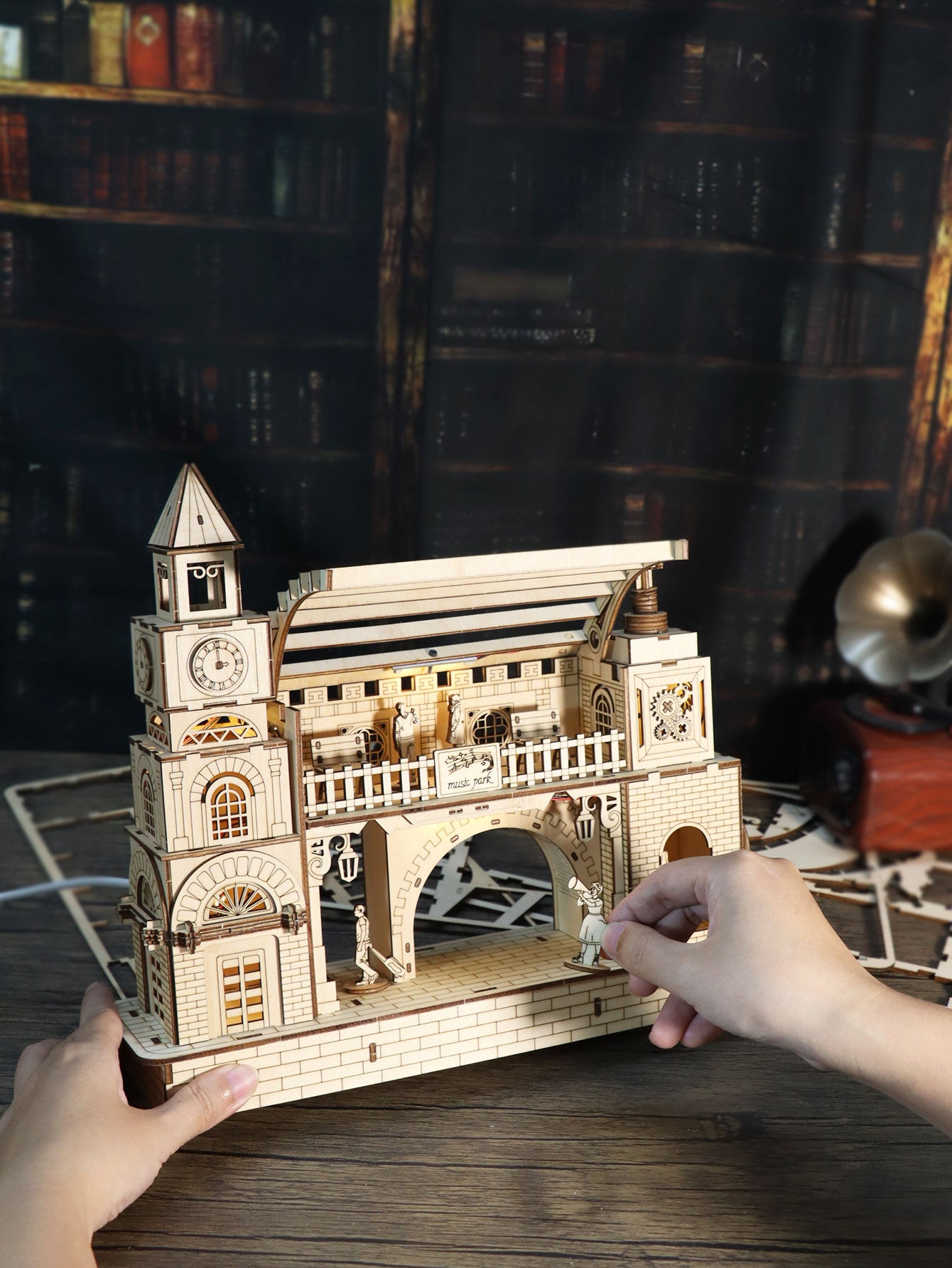 Factory wholesale Music Park 3D Wooden Puzzle Railway station Model Kits To Build Wooden Construction Handmade DIY Craft Unique Gift For Christmas