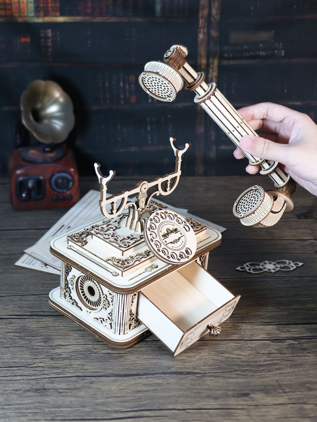 Factory wholesale Creative Retro Telephone 3D Wooden Puzzle for Adults Tabletop Model Kits Decoration and Gift for Christmas Birthday