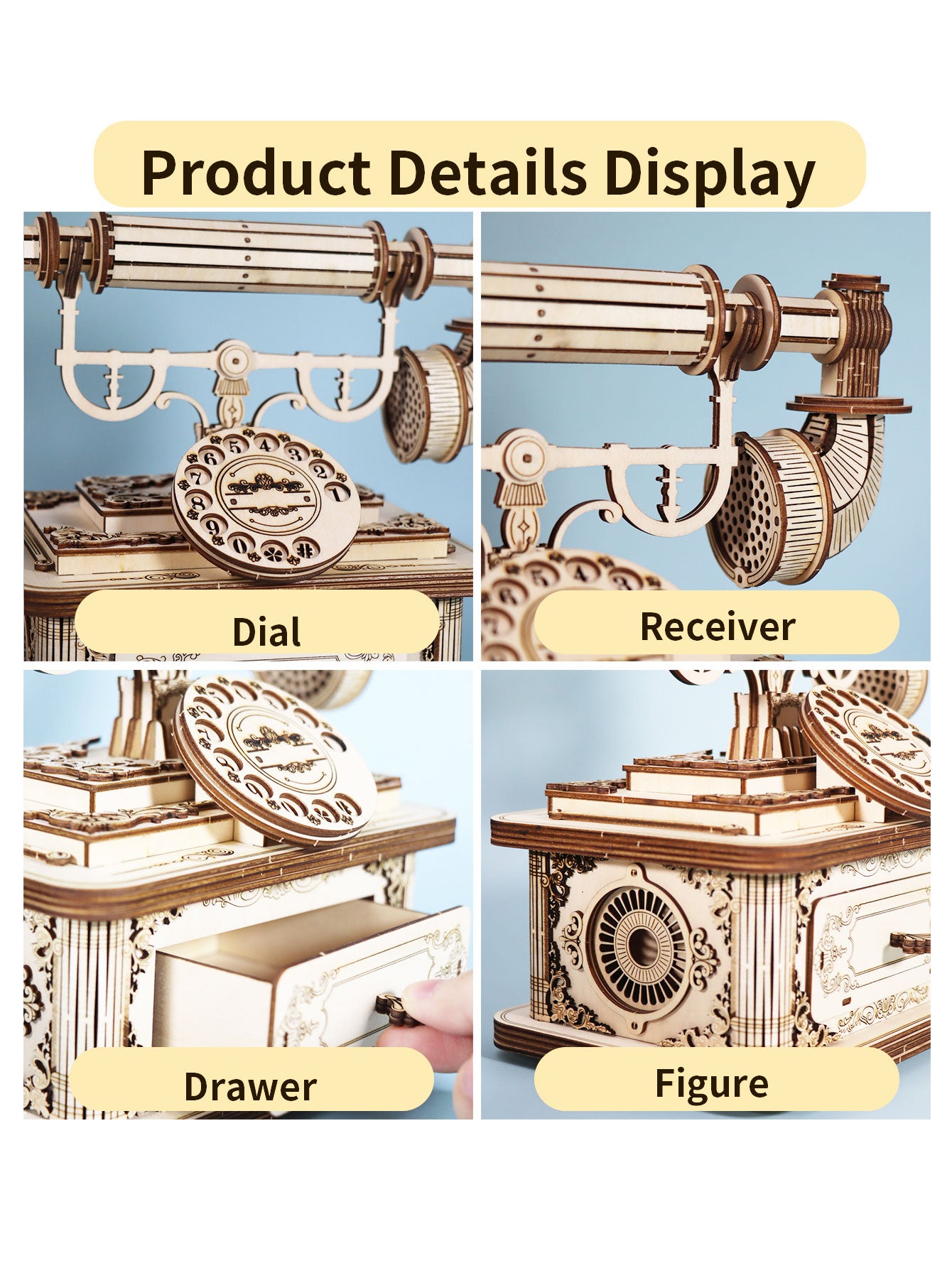 Factory wholesale Creative Retro Telephone 3D Wooden Puzzle for Adults Tabletop Model Kits Decoration and Gift for Christmas Birthday