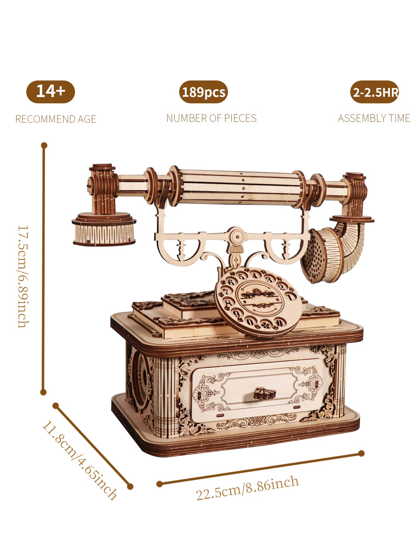 Factory wholesale Creative Retro Telephone 3D Wooden Puzzle for Adults Tabletop Model Kits Decoration and Gift for Christmas Birthday