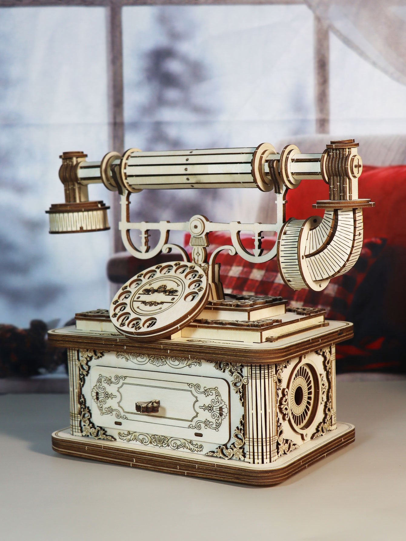 Factory wholesale Creative Retro Telephone 3D Wooden Puzzle for Adults Tabletop Model Kits Decoration and Gift for Christmas Birthday