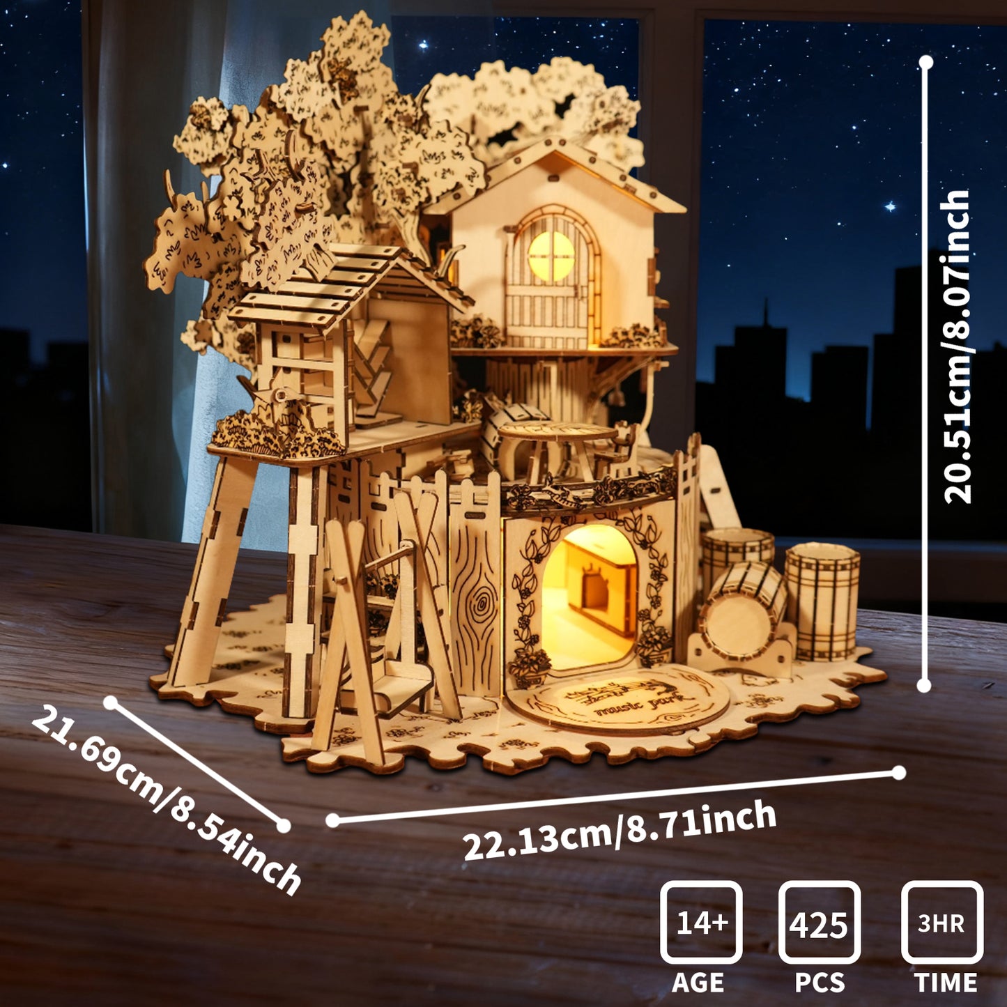 Music Park 3D Wooden Puzzle Treehouse for Adult to Build DIY Miniature Model Kit with LED Home Decor,Christmas and Birthday Gift