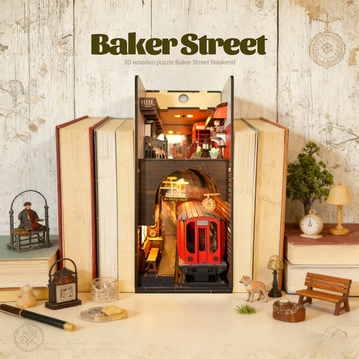 Factory wholesale 3d wooden puzzle for adults Baker Street book nook with lights model kit dollhouse DIY miniature house Birthday and Christmas gifts