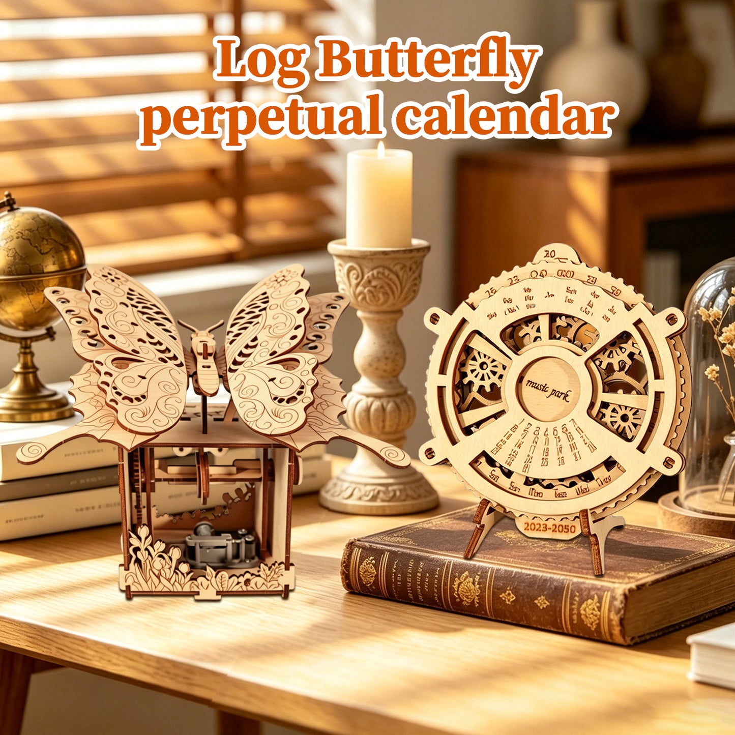 Factory wholesale 2-in-1 3d Wooden Puzzle Hand Butterfly Music Box & Perpetual Calendar Handmade Assembly Model Kit Holidays Brthdays Christmas Gifts