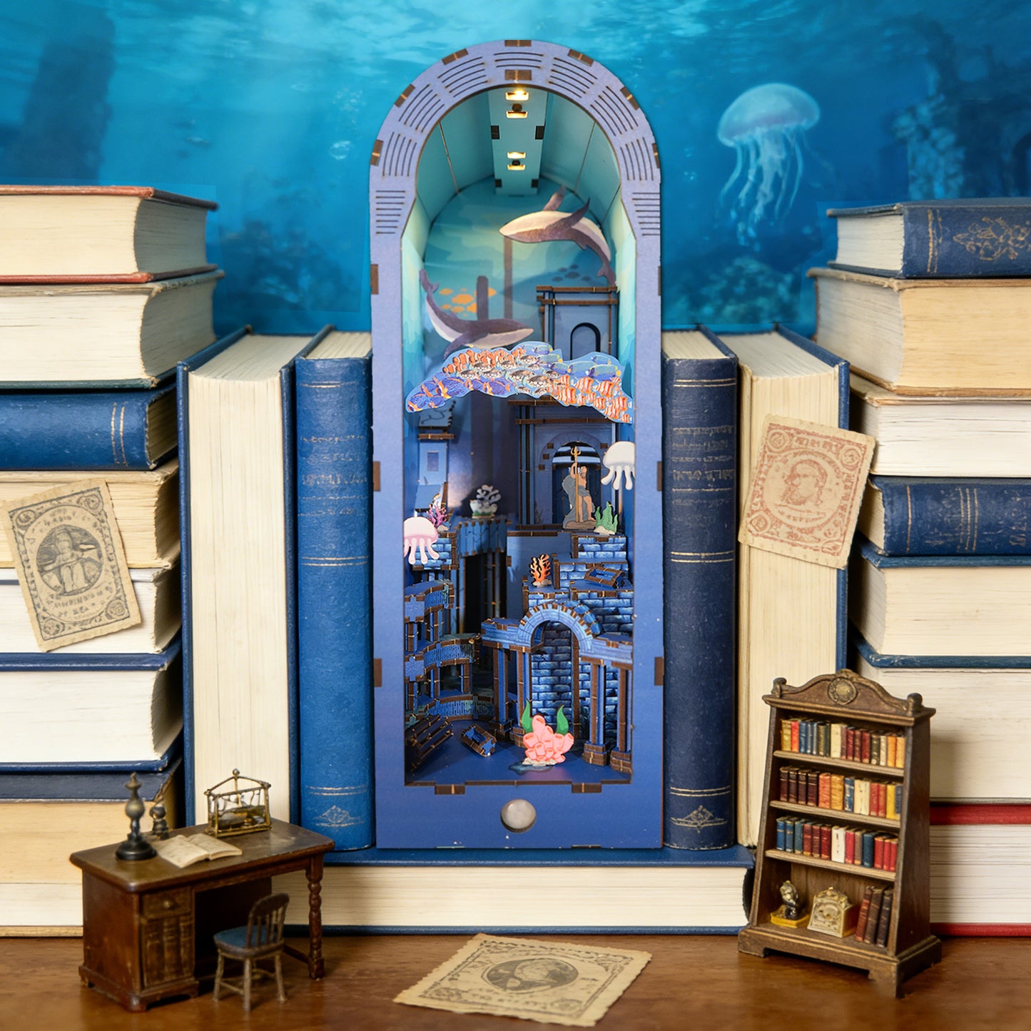 Factory wholesale 3d wooden puzzle for adults Atlantis book nook with lights model kit dollhouse DIY miniature house Birthday and Christmas gifts