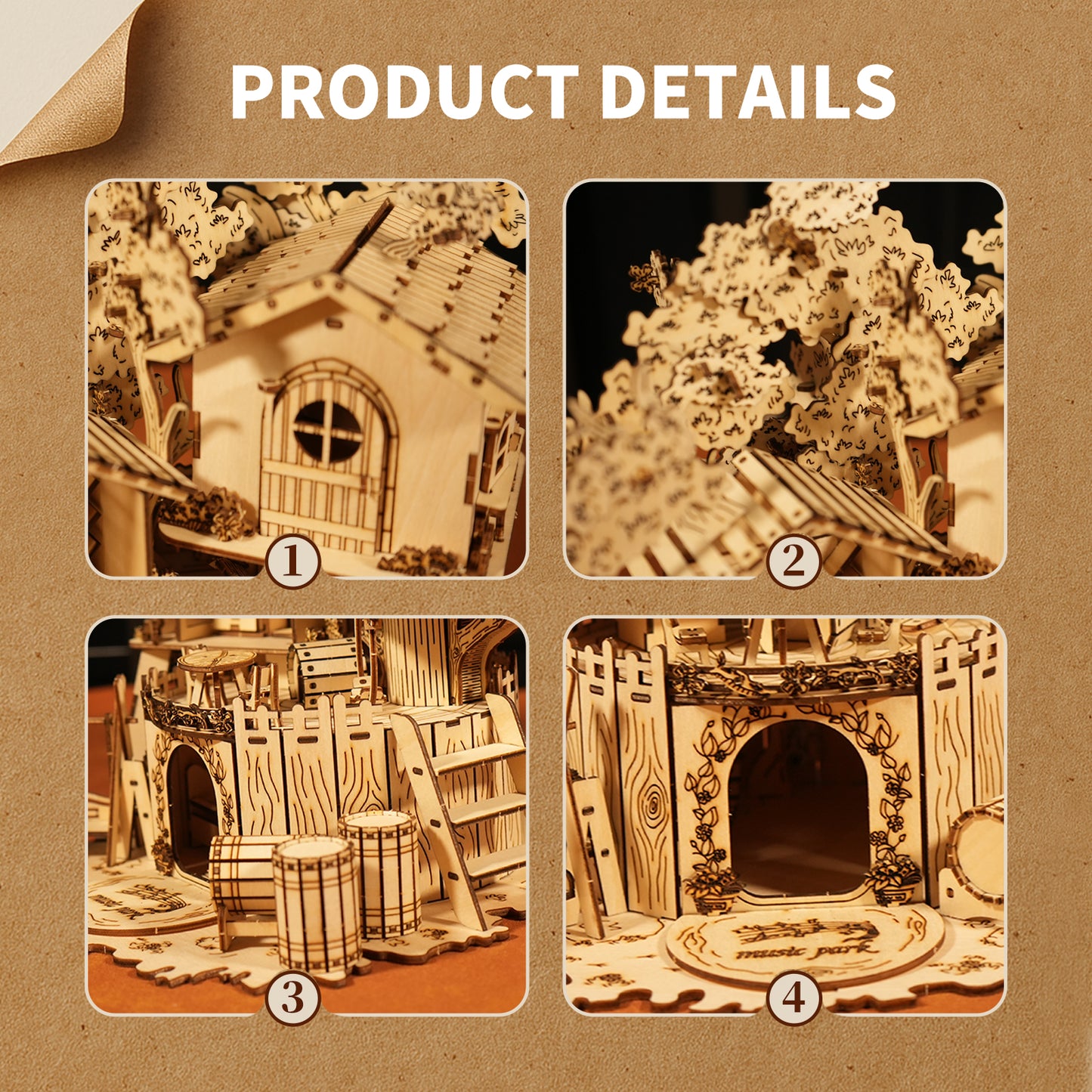 Music Park 3D Wooden Puzzle Treehouse for Adult to Build DIY Miniature Model Kit without LED Home Decor,Christmas and Birthday Gift
