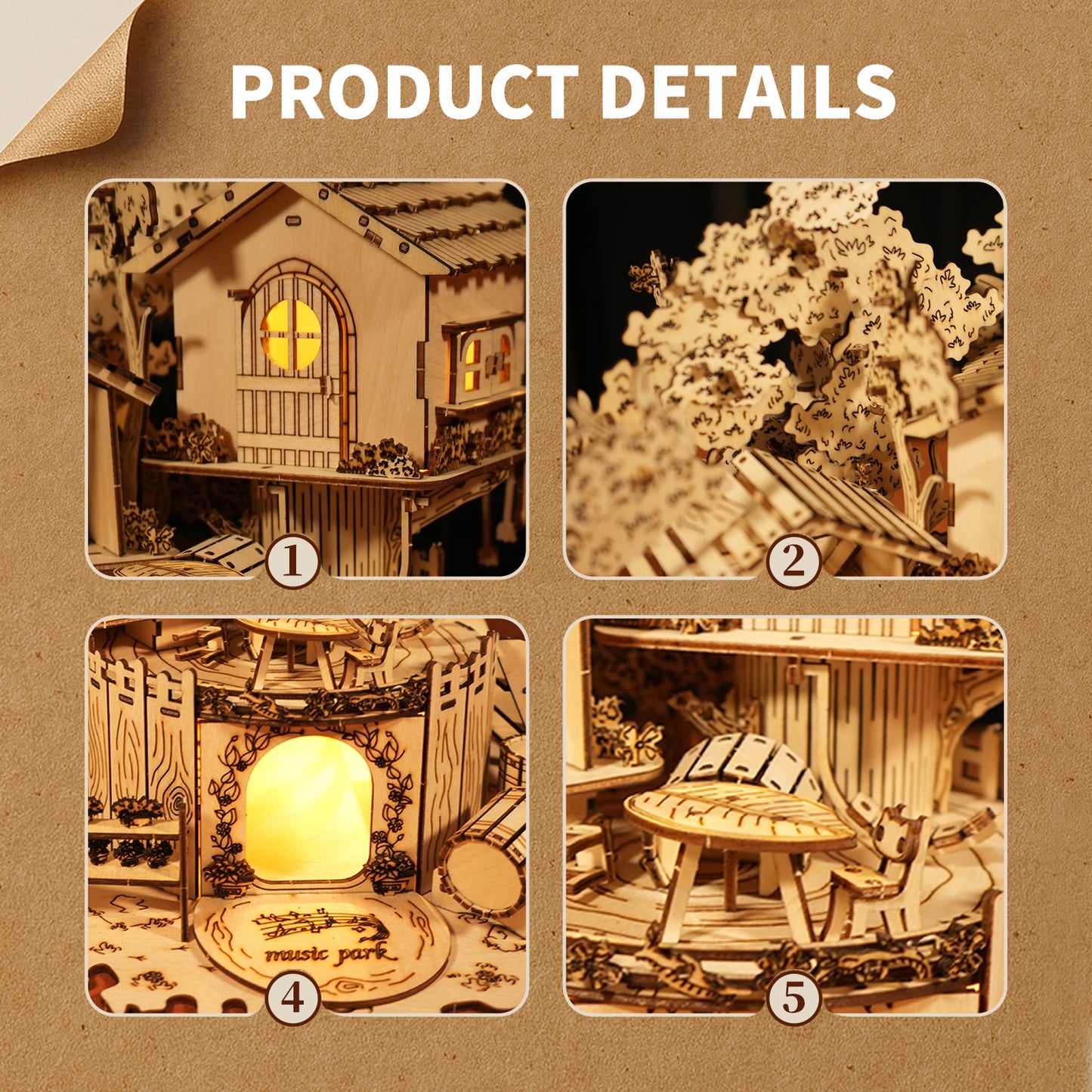 Music Park 3D Wooden Puzzle Treehouse for Adult to Build DIY Miniature Model Kit with LED Home Decor,Christmas and Birthday Gift