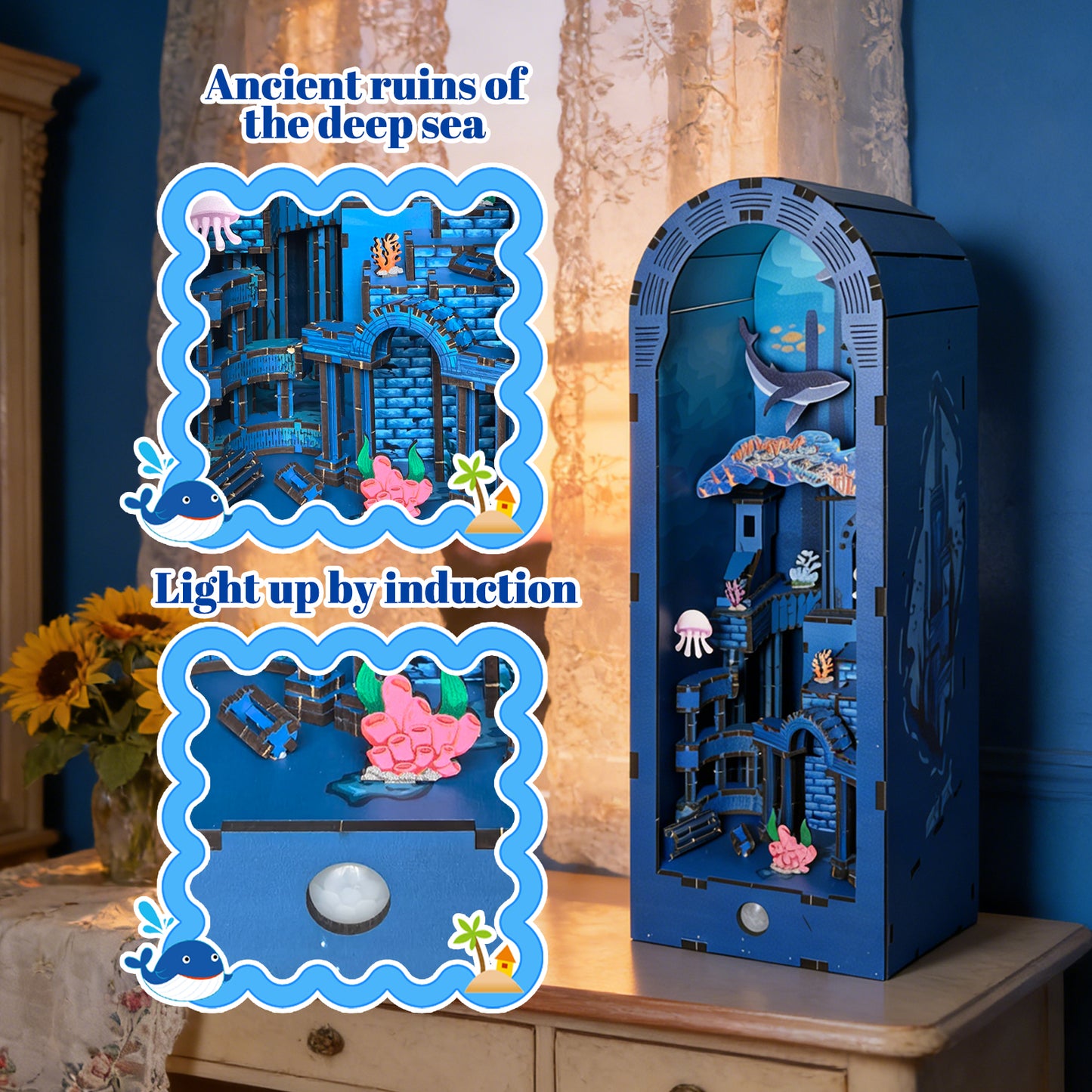 Factory wholesale 3d wooden puzzle for adults Atlantis book nook with lights model kit dollhouse DIY miniature house Birthday and Christmas gifts