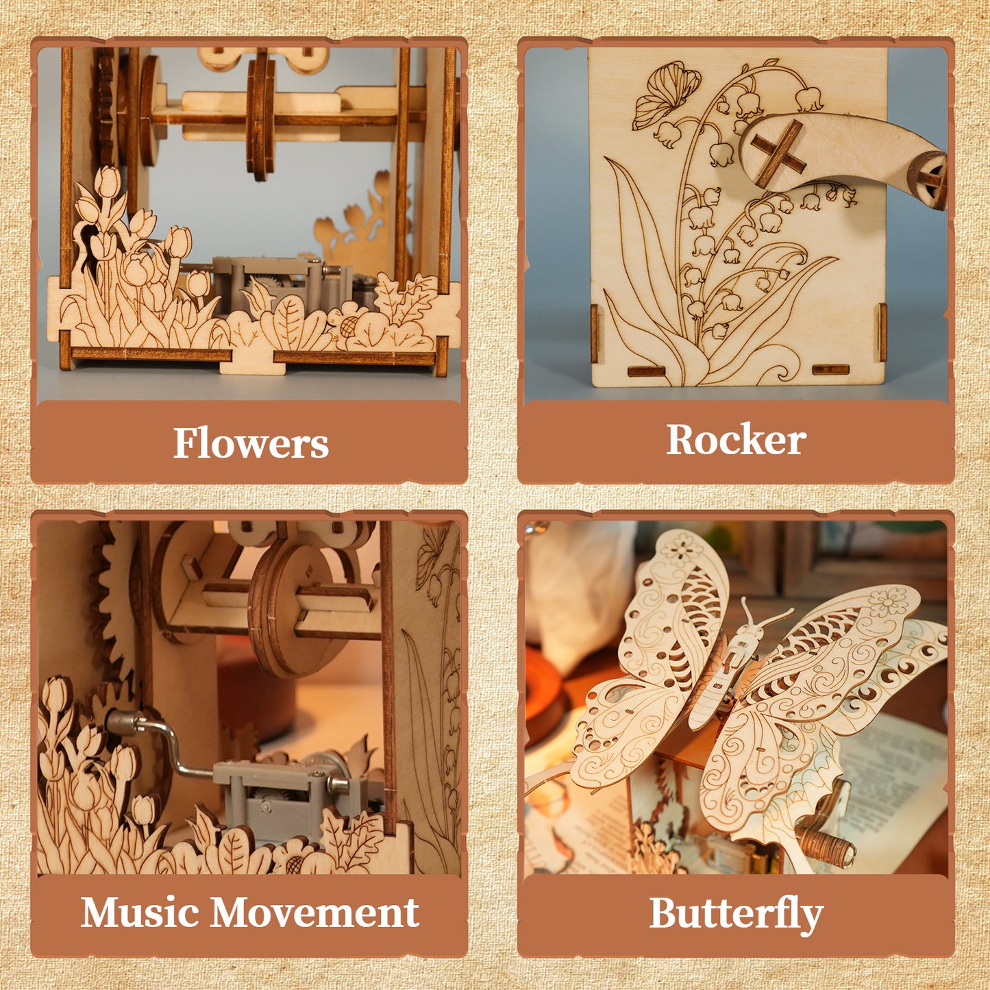 Factory wholesale 2-in-1 3d Wooden Puzzle Hand Butterfly Music Box & Perpetual Calendar Handmade Assembly Model Kit Holidays Brthdays Christmas Gifts