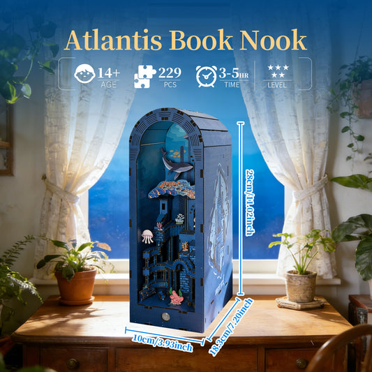 Factory wholesale 3d wooden puzzle for adults Atlantis book nook with lights model kit dollhouse DIY miniature house Birthday and Christmas gifts