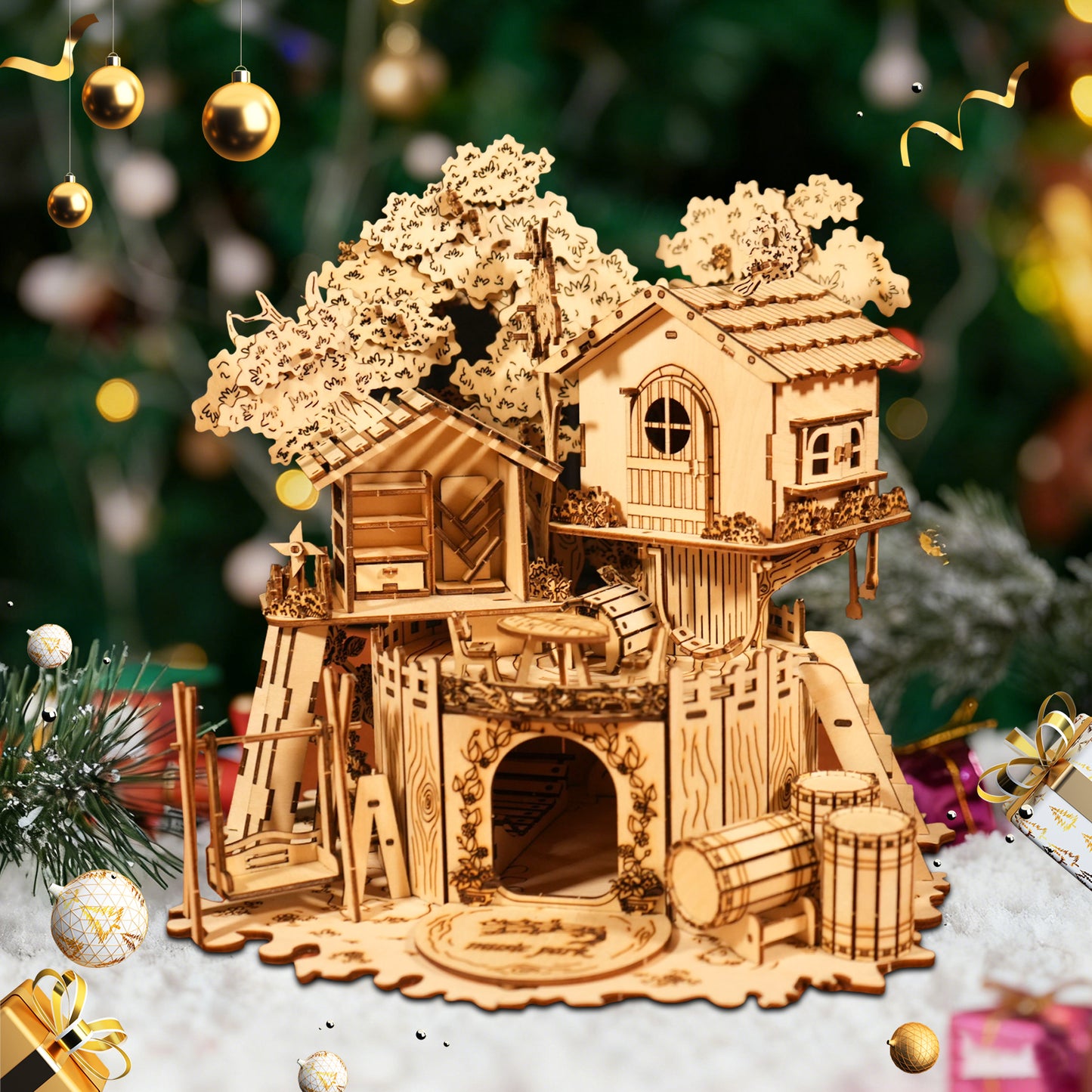 Music Park 3D Wooden Puzzle Treehouse for Adult to Build DIY Miniature Model Kit without LED Home Decor,Christmas and Birthday Gift