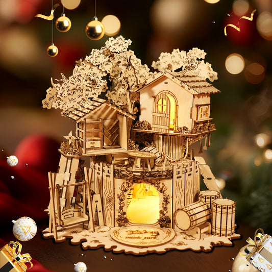 Music Park 3D Wooden Puzzle Treehouse for Adult to Build DIY Miniature Model Kit with LED Home Decor,Christmas and Birthday Gift