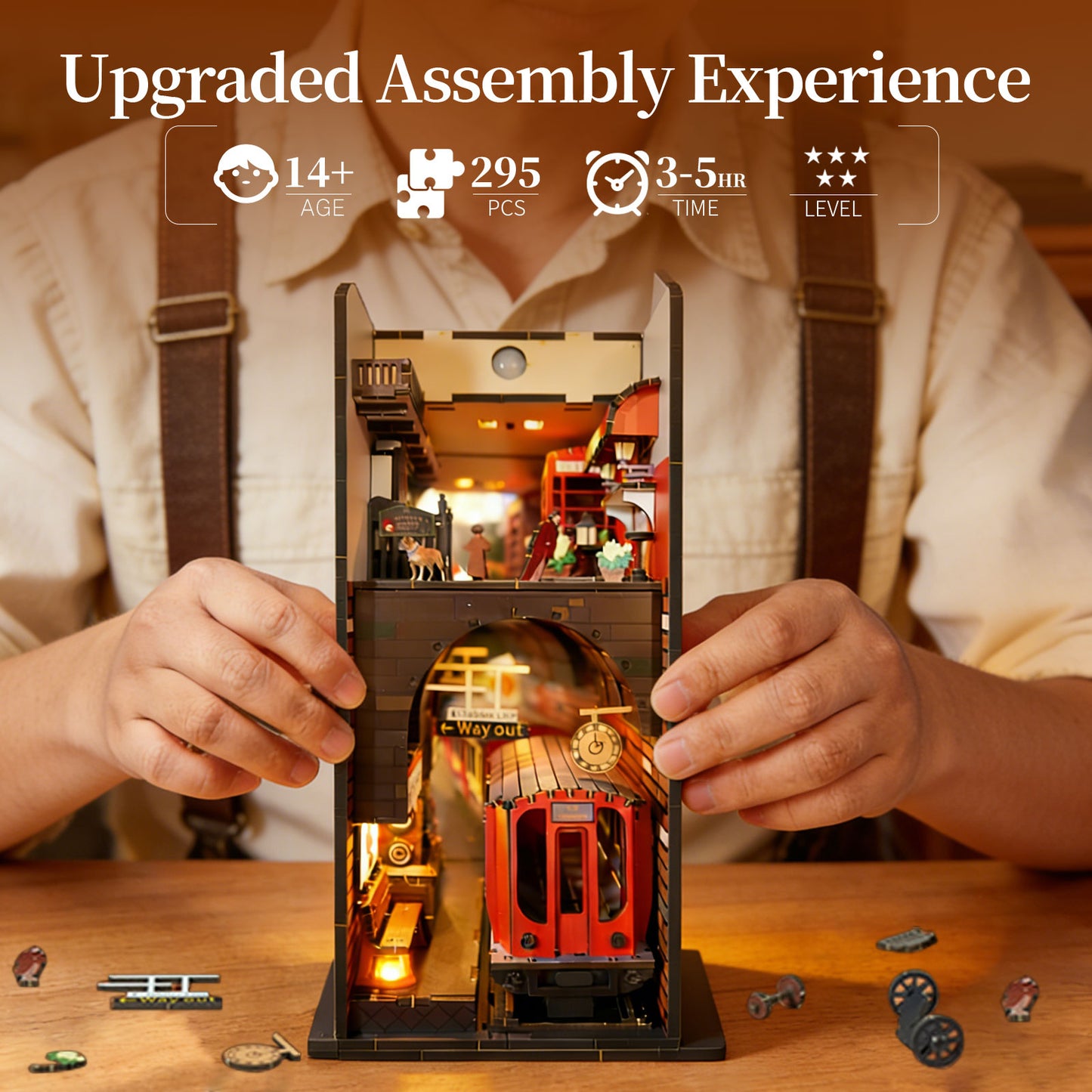 Factory wholesale 3d wooden puzzle for adults Baker Street book nook with lights model kit dollhouse DIY miniature house Birthday and Christmas gifts