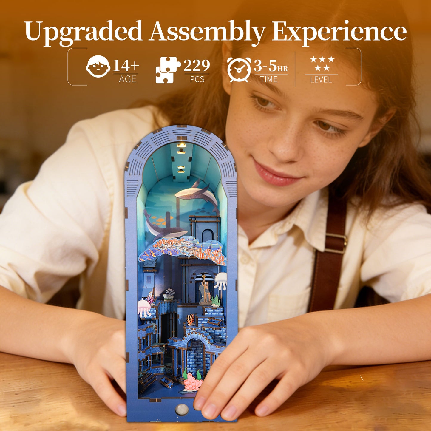 Factory wholesale 3d wooden puzzle for adults Atlantis book nook with lights model kit dollhouse DIY miniature house Birthday and Christmas gifts