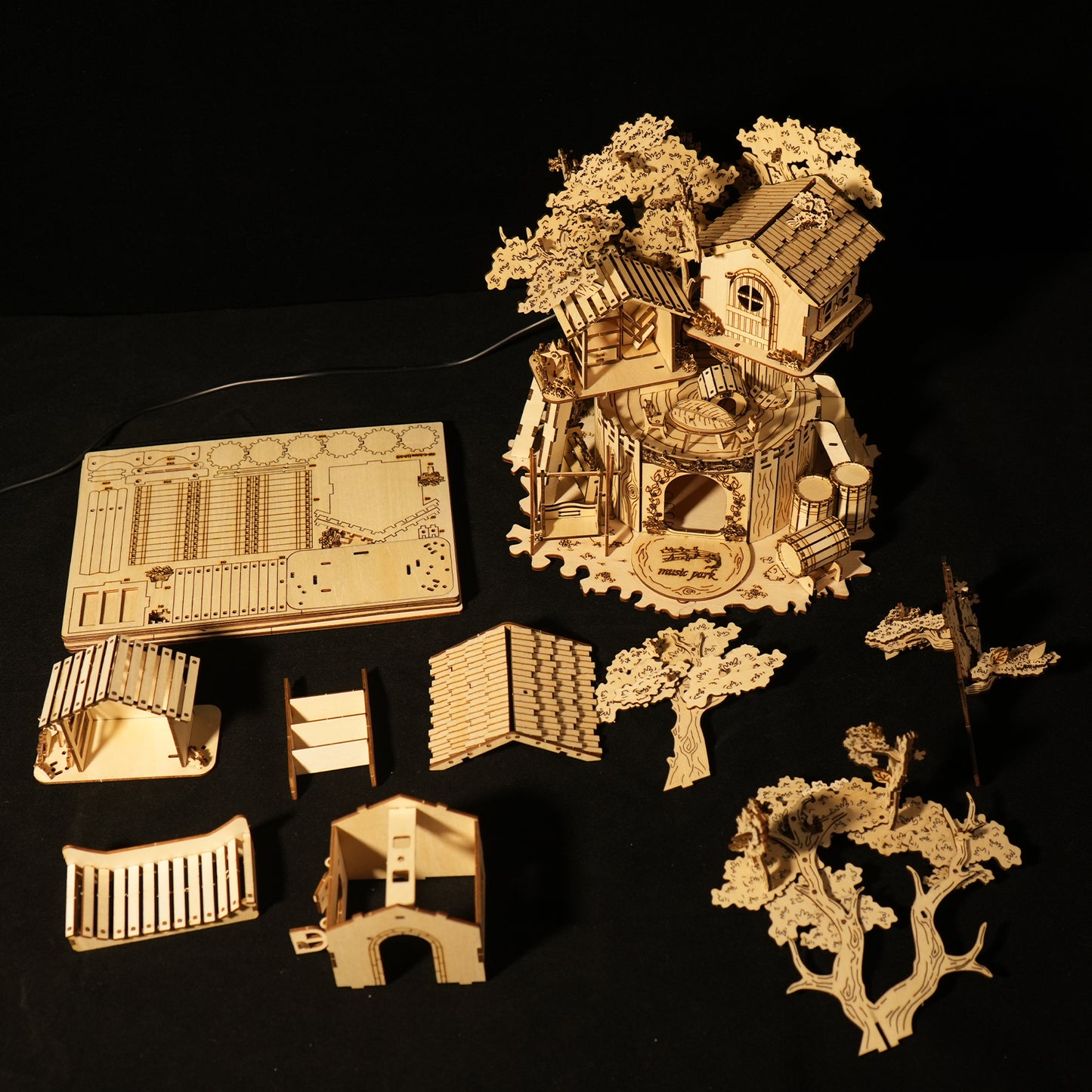 Music Park 3D Wooden Puzzle Treehouse for Adult to Build DIY Miniature Model Kit without LED Home Decor,Christmas and Birthday Gift