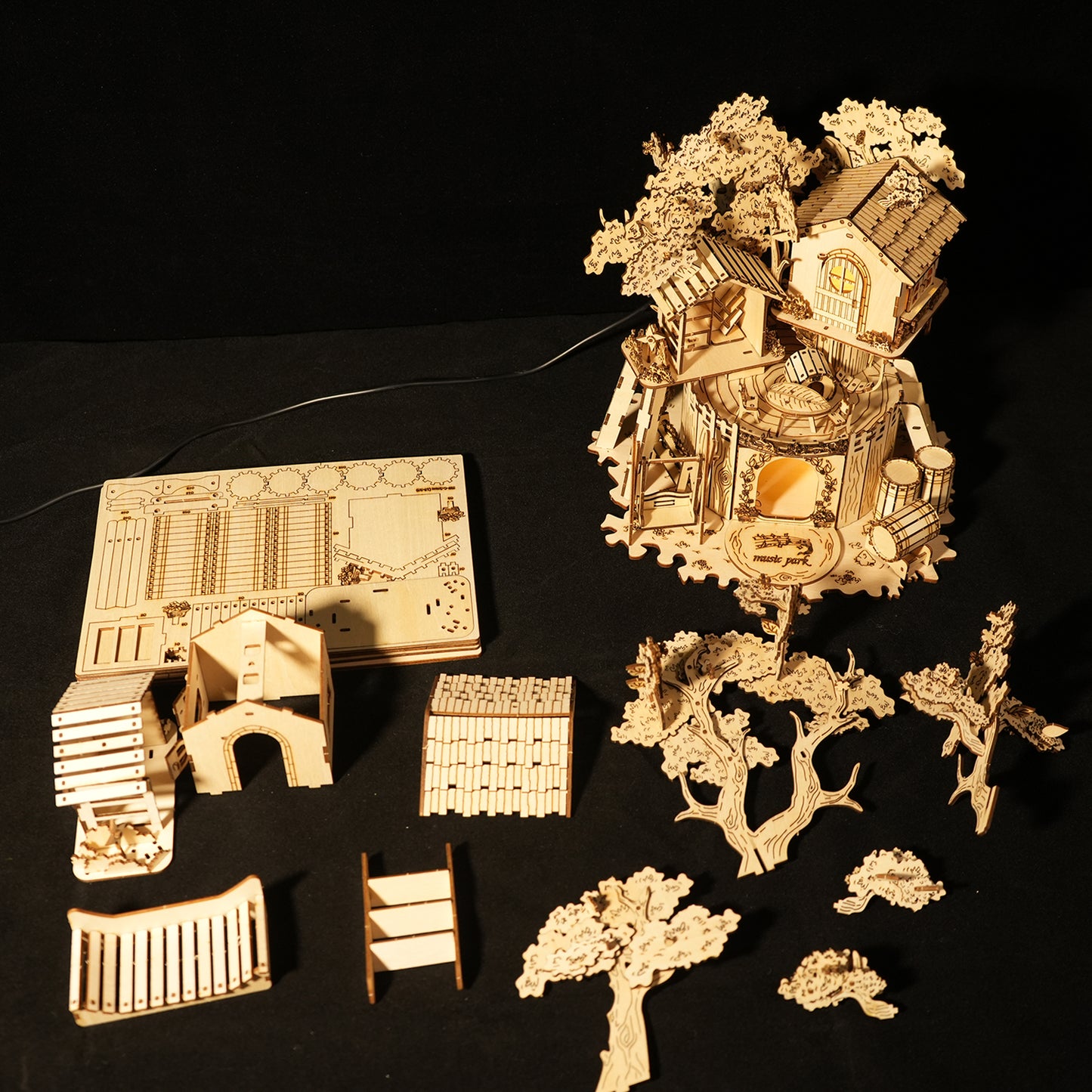 Music Park 3D Wooden Puzzle Treehouse for Adult to Build DIY Miniature Model Kit with LED Home Decor,Christmas and Birthday Gift