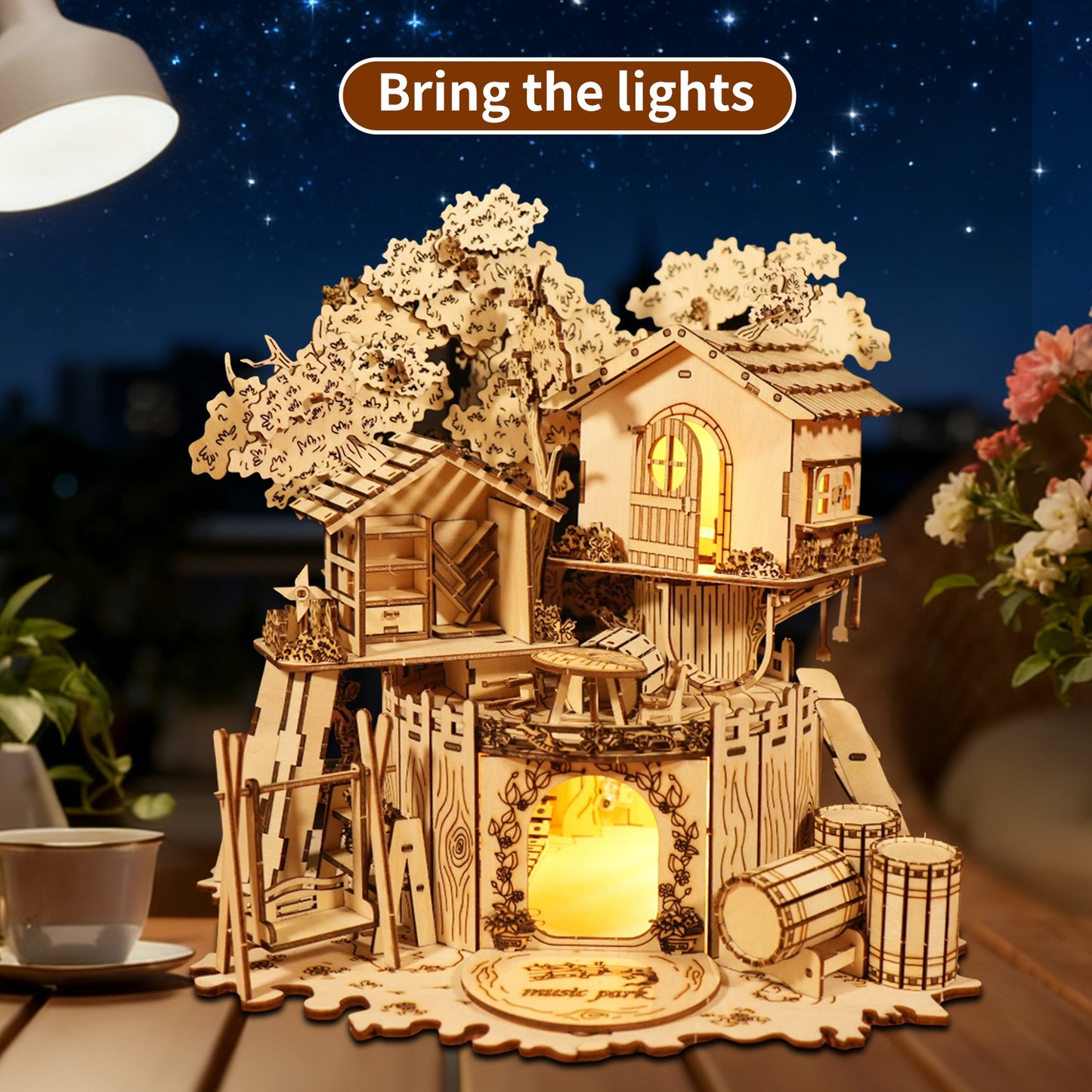 Music Park 3D Wooden Puzzle Treehouse for Adult to Build DIY Miniature Model Kit with LED Home Decor,Christmas and Birthday Gift