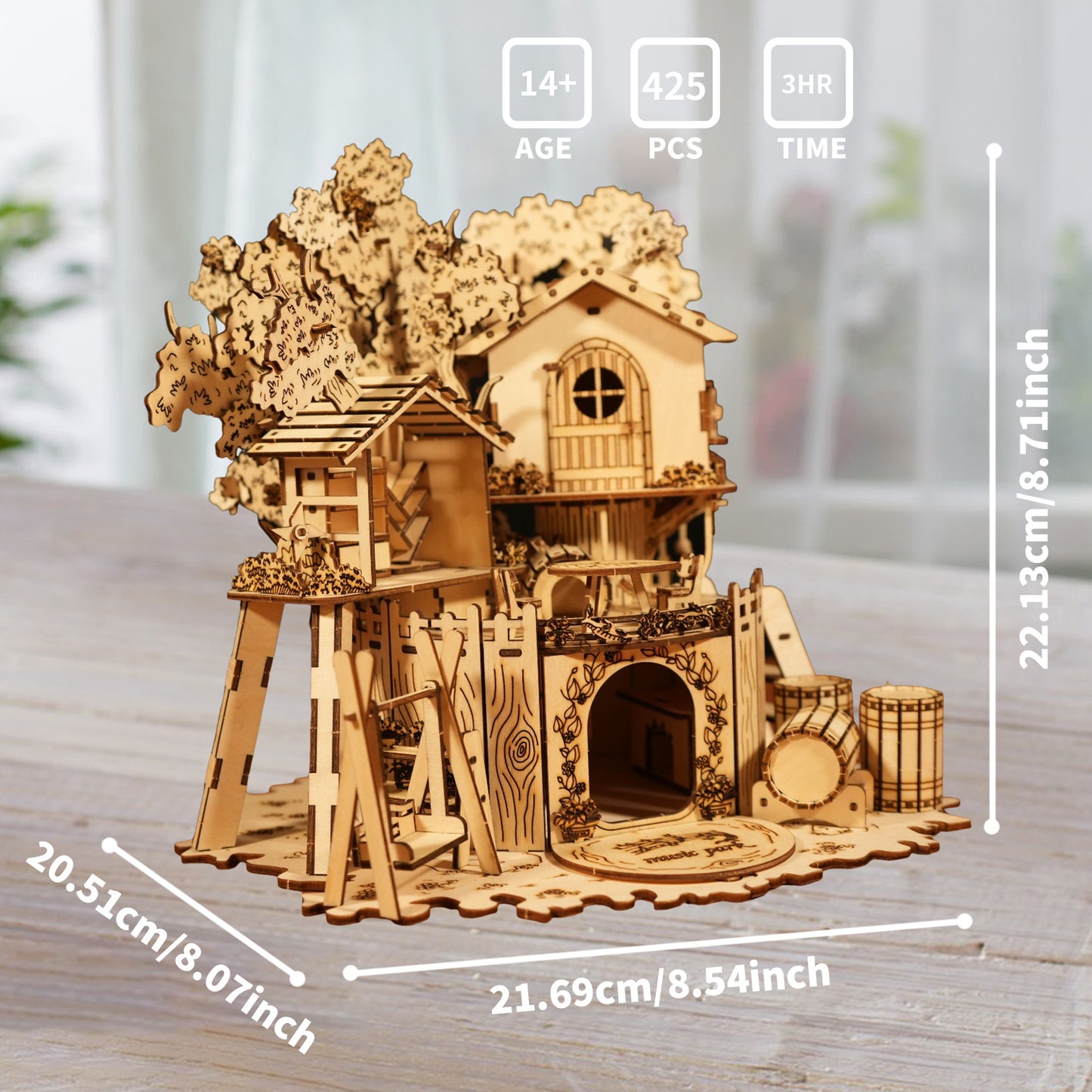 Music Park 3D Wooden Puzzle Treehouse for Adult to Build DIY Miniature Model Kit without LED Home Decor,Christmas and Birthday Gift