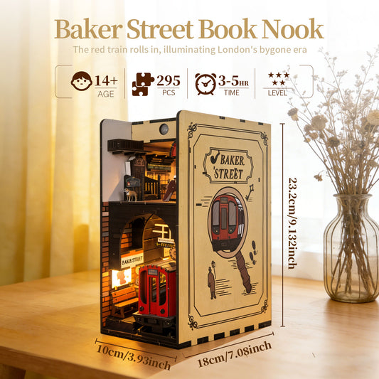 Factory wholesale 3d wooden puzzle for adults Baker Street book nook with lights model kit dollhouse DIY miniature house Birthday and Christmas gifts