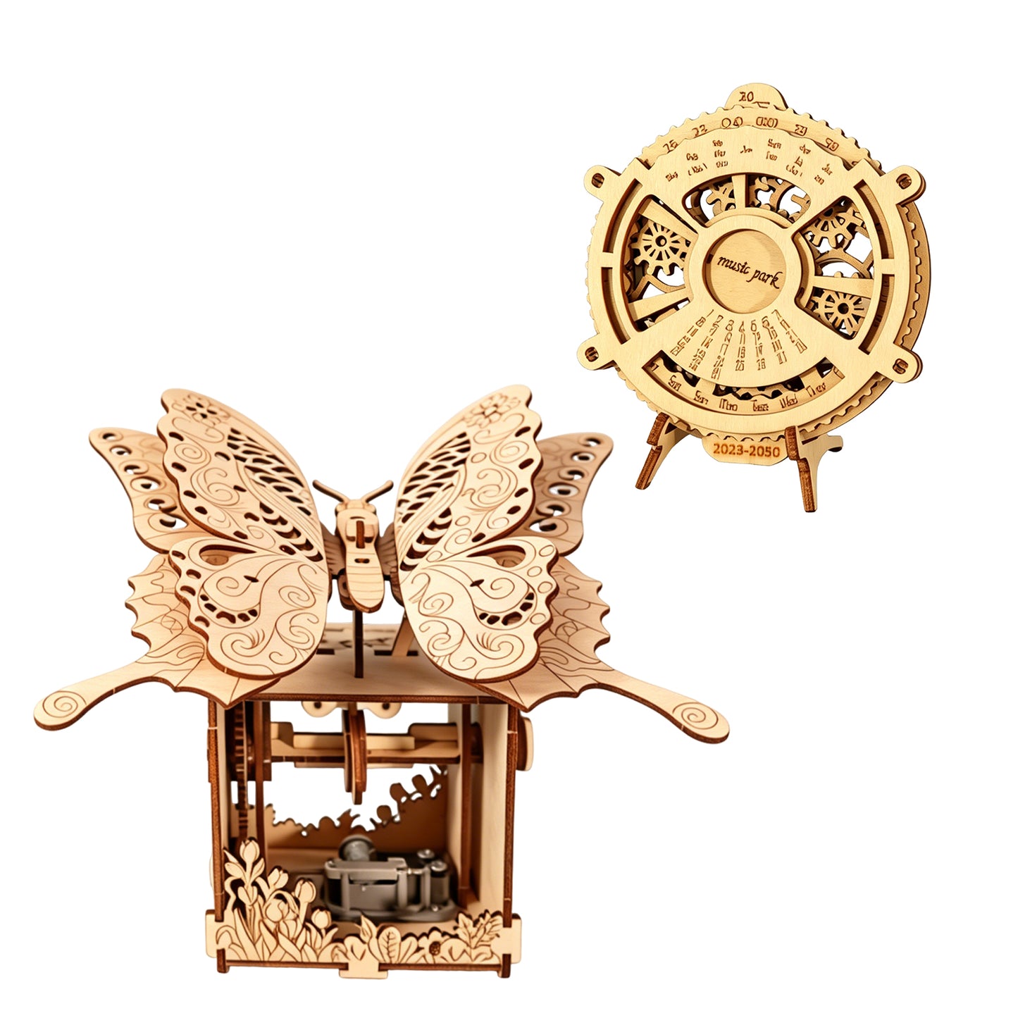 Factory wholesale 2-in-1 3d Wooden Puzzle Hand Butterfly Music Box & Perpetual Calendar Handmade Assembly Model Kit Holidays Brthdays Christmas Gifts
