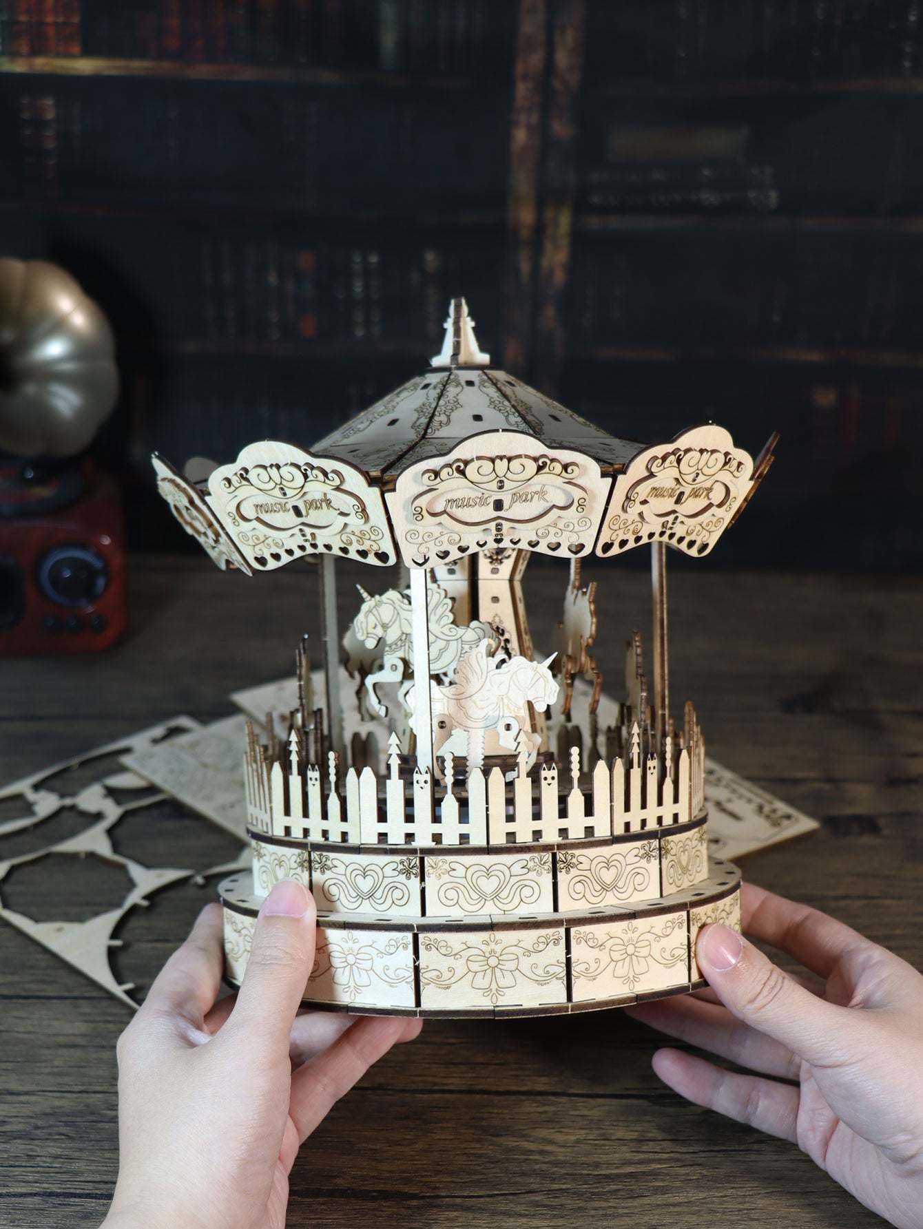 Factory wholesale 3d Wooden Puzzle Carousel Music Box Handmade Assembly Model Kit Holidays Birthdays