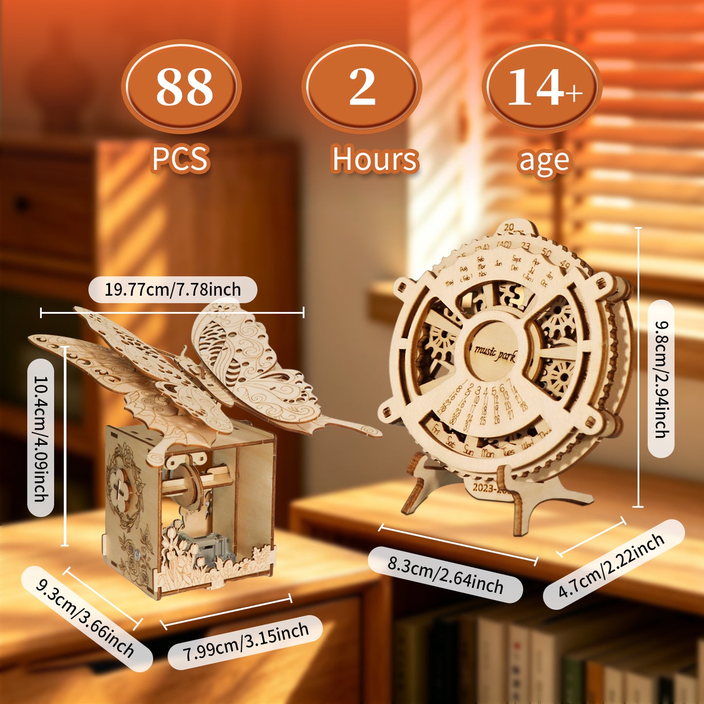 Factory wholesale 2-in-1 3d Wooden Puzzle Hand Butterfly Music Box & Perpetual Calendar Handmade Assembly Model Kit Holidays Brthdays Christmas Gifts
