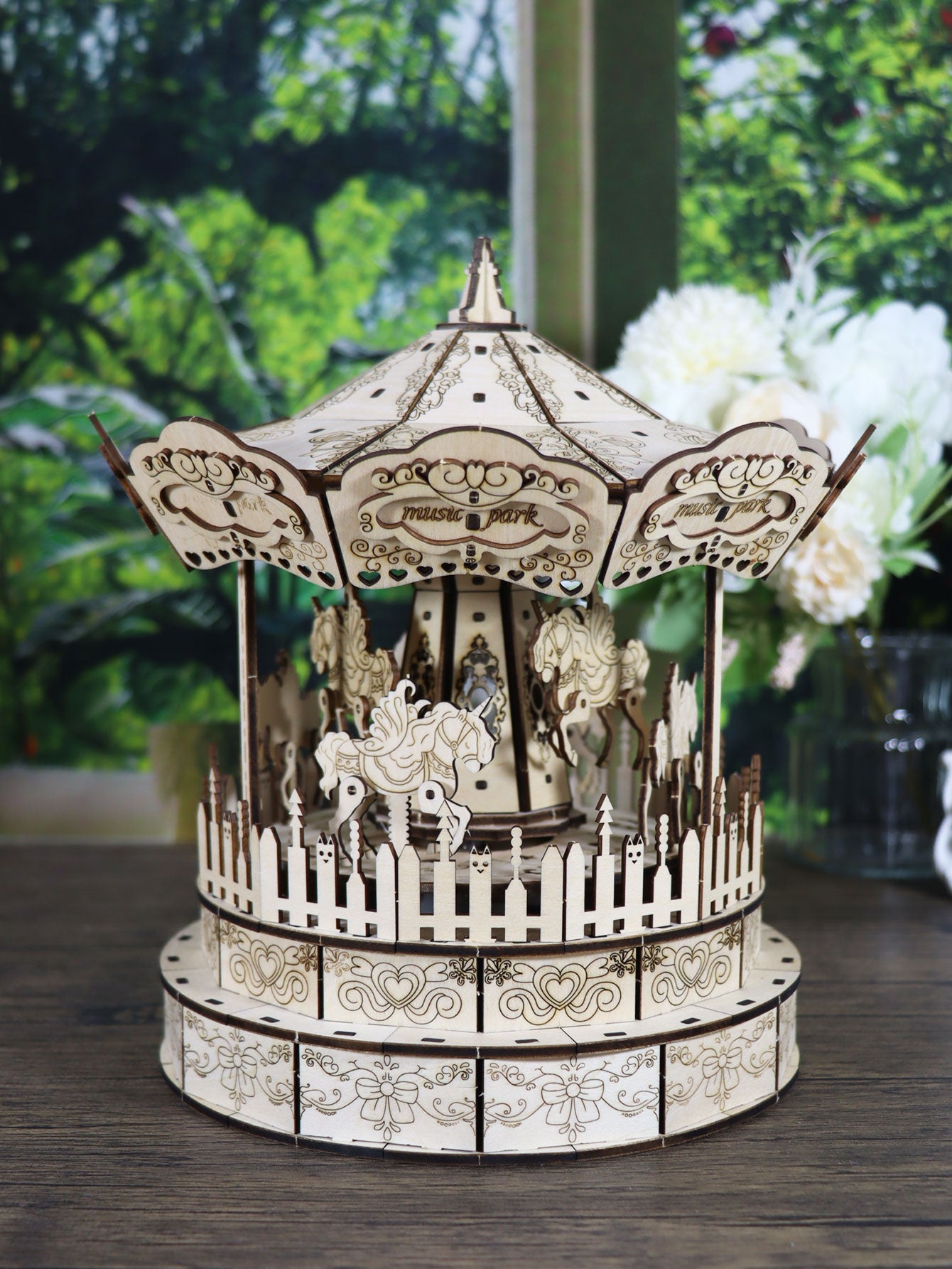 Factory wholesale 3d Wooden Puzzle Carousel Music Box Handmade Assembly Model Kit Holidays Birthdays