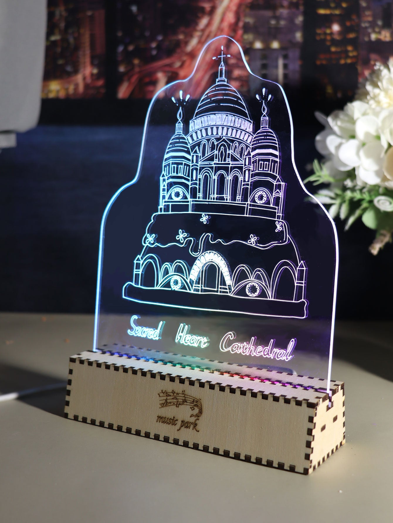 Factory wholesale Sacred Heart Cathedral Famous Building Gifts For Best Friend Women 3D Puzzle Engraved Night Light Long Distance Friendship Gift For Her Bestie Soul Sister BFF Coworker