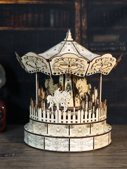 Factory wholesale 3d Wooden Puzzle Carousel Music Box Handmade Assembly Model Kit Holidays Birthdays