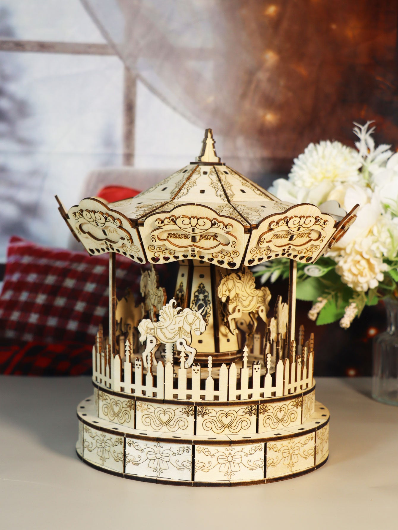 Factory wholesale 3d Wooden Puzzle Carousel Music Box Handmade Assembly Model Kit Holidays Birthdays