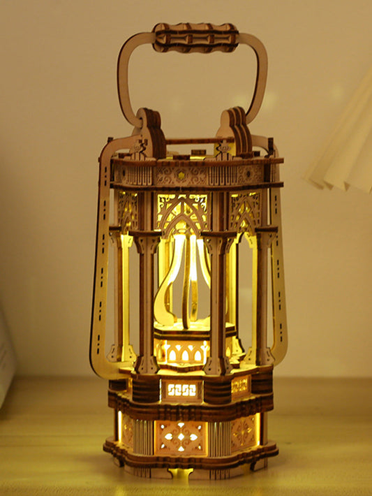 Factory wholesale Music Park 3D Wooden Puzzles DIY Rotating Vintage LED Lantern Hands-on Activity Desk Decor Gifts for Teens