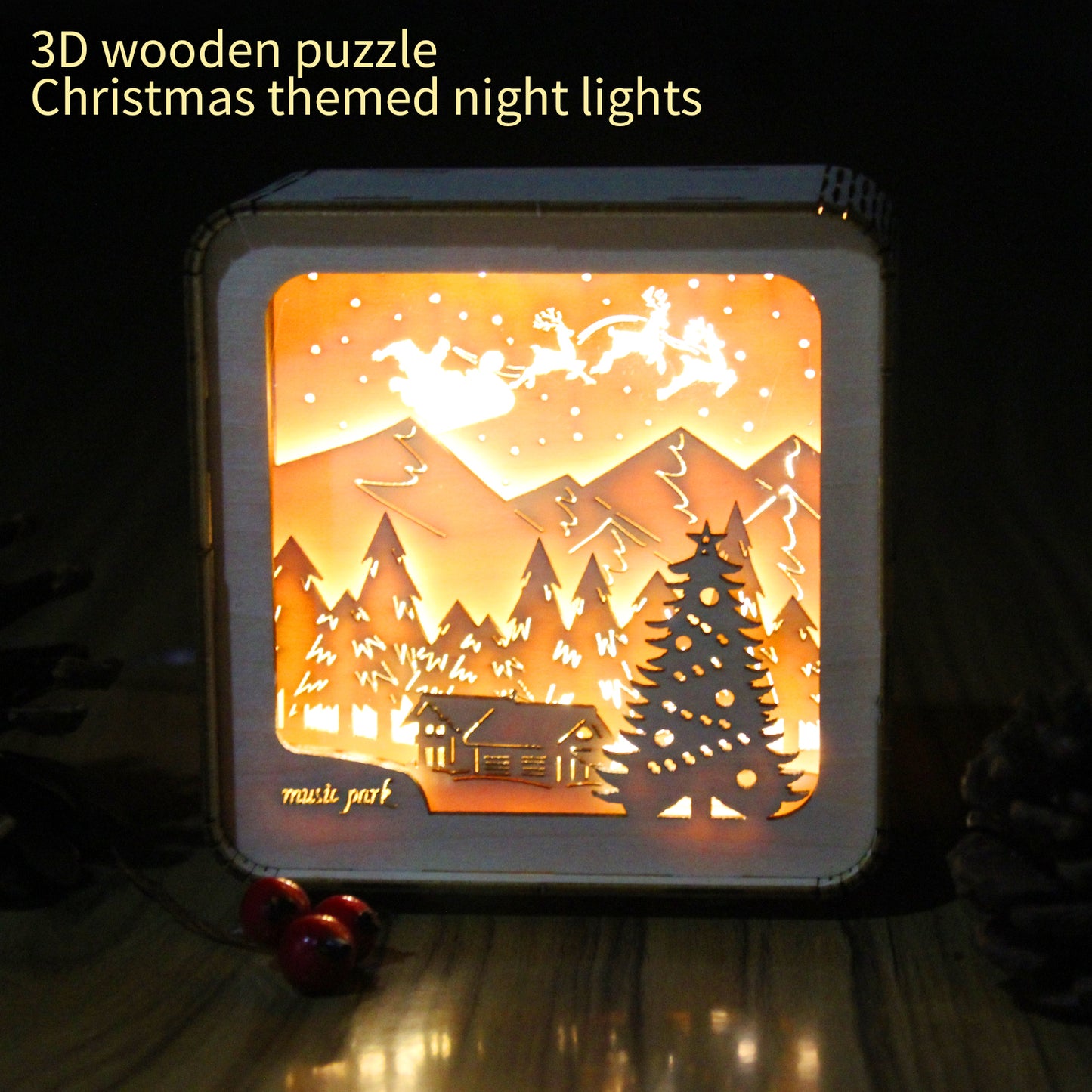 Factory wholesale Music Park 3D Wooden Puzzles Merry Christmas Model Kit Night Lights Desk Decorations Birthday Christmas Gifts For Women Age14+